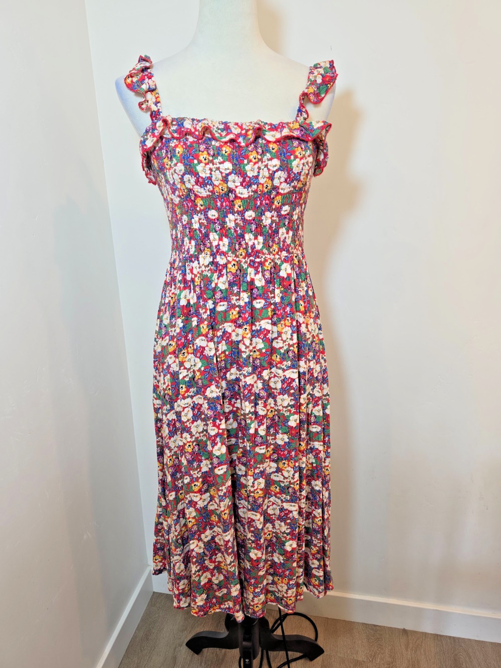 Natural Life‎ Megan Smocked Midi Dress Side Slit Floral Ruffle Boho, Size Small